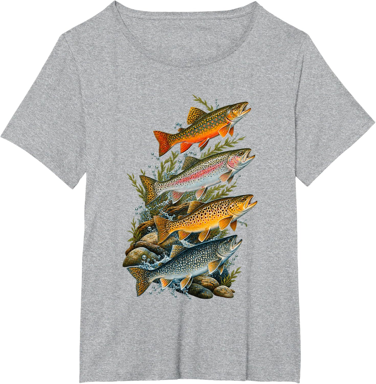 Four Trout Over River Rocks T-Shirt - Heather Grey