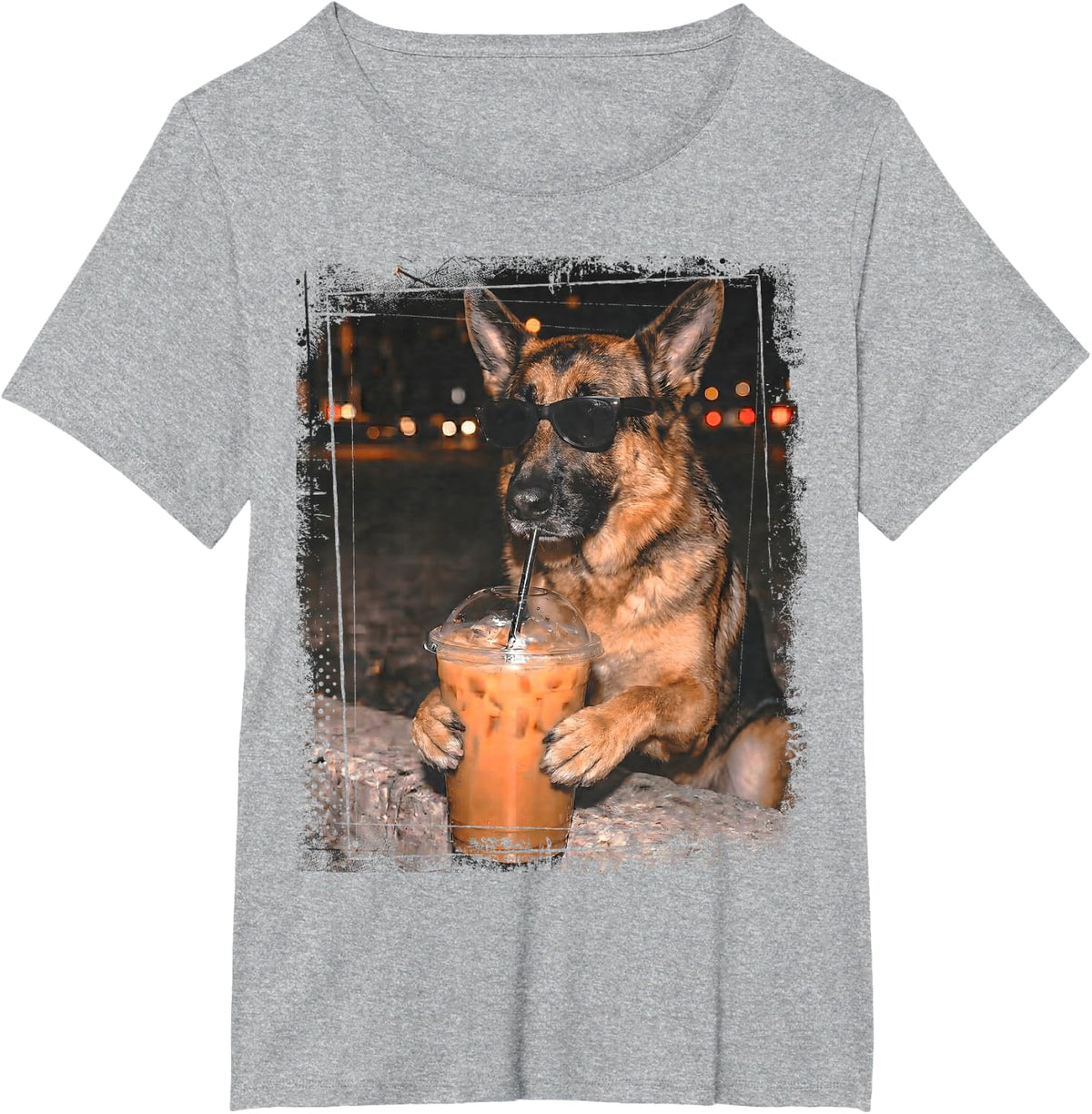 German Shepherd Dog Wearing Sunglasses Drinking Iced Coffee T-Shirt - Heather Grey