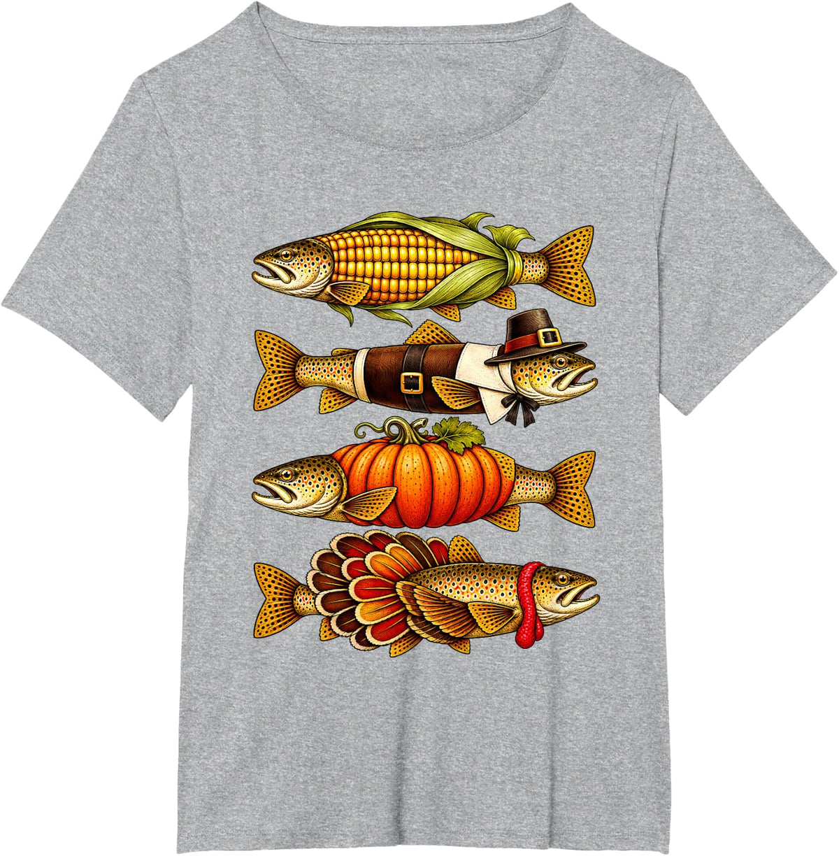 Thanksgiving Trout Fishing Turkey Pilgrim Pumpkin Fish T-Shirt - Heather Grey