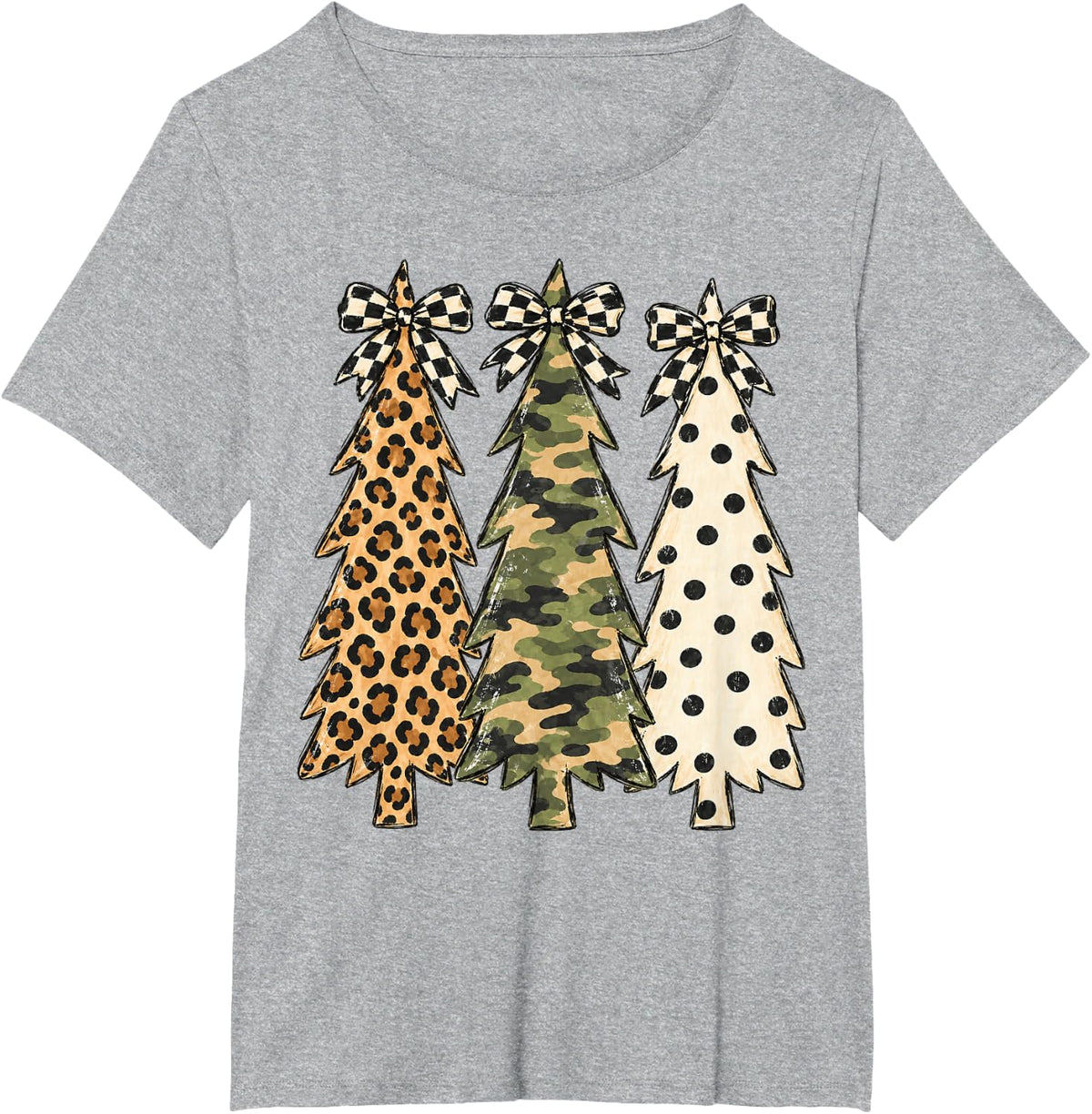 Leopard Camo Polka Dot Christmas Trees Bow T-Shirt - Heather Grey