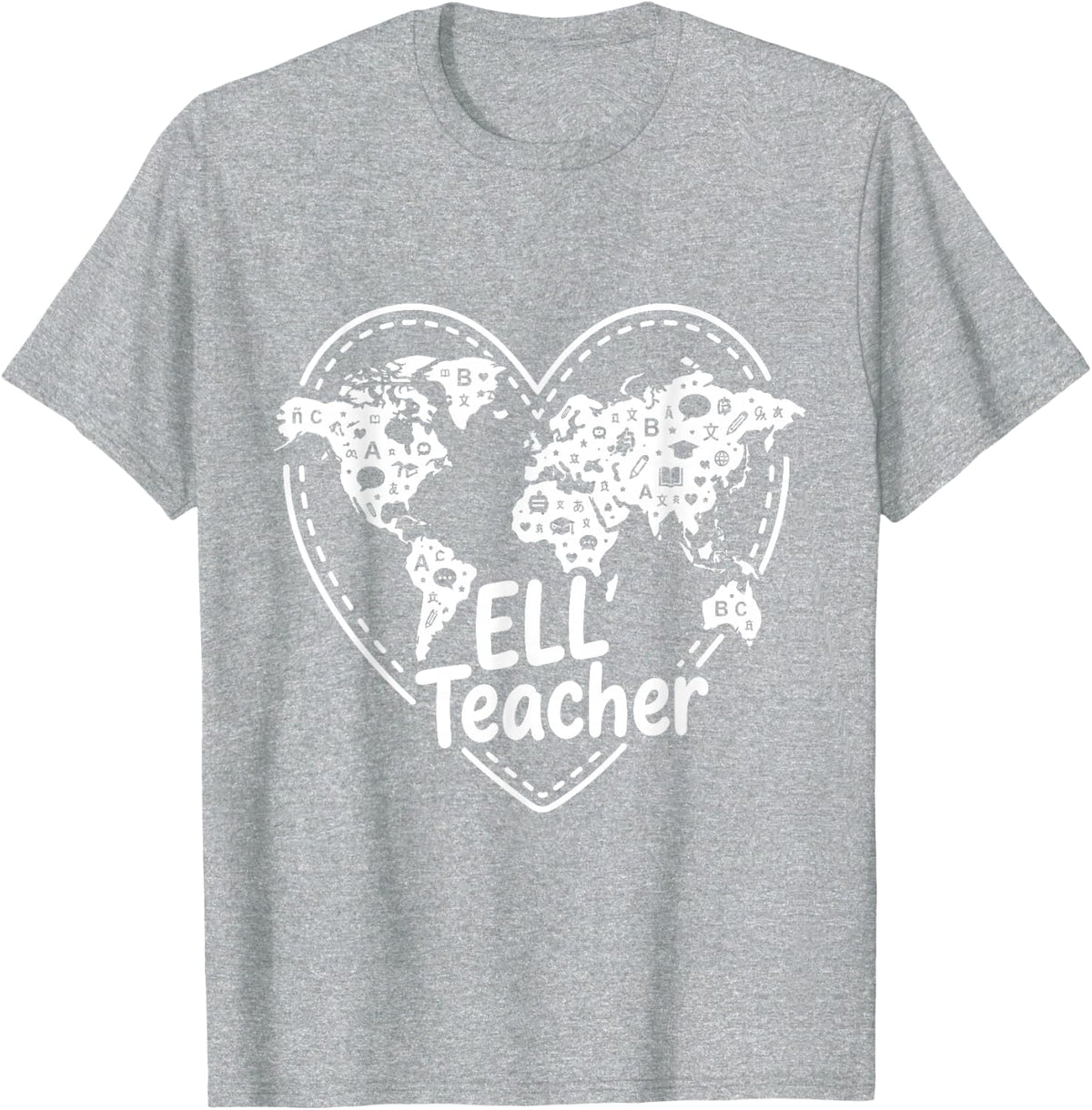 ELL Teacher World Map Heart for Language Educators T-Shirt - Heather Grey