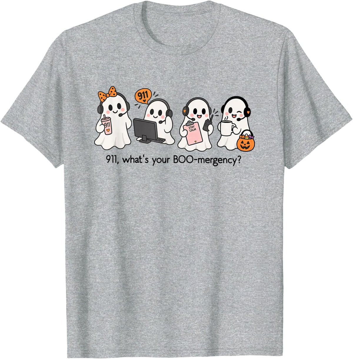 911 Dispatcher Halloween Skeleton Stay Calm 911 Operator T-Shirt - Heather Grey