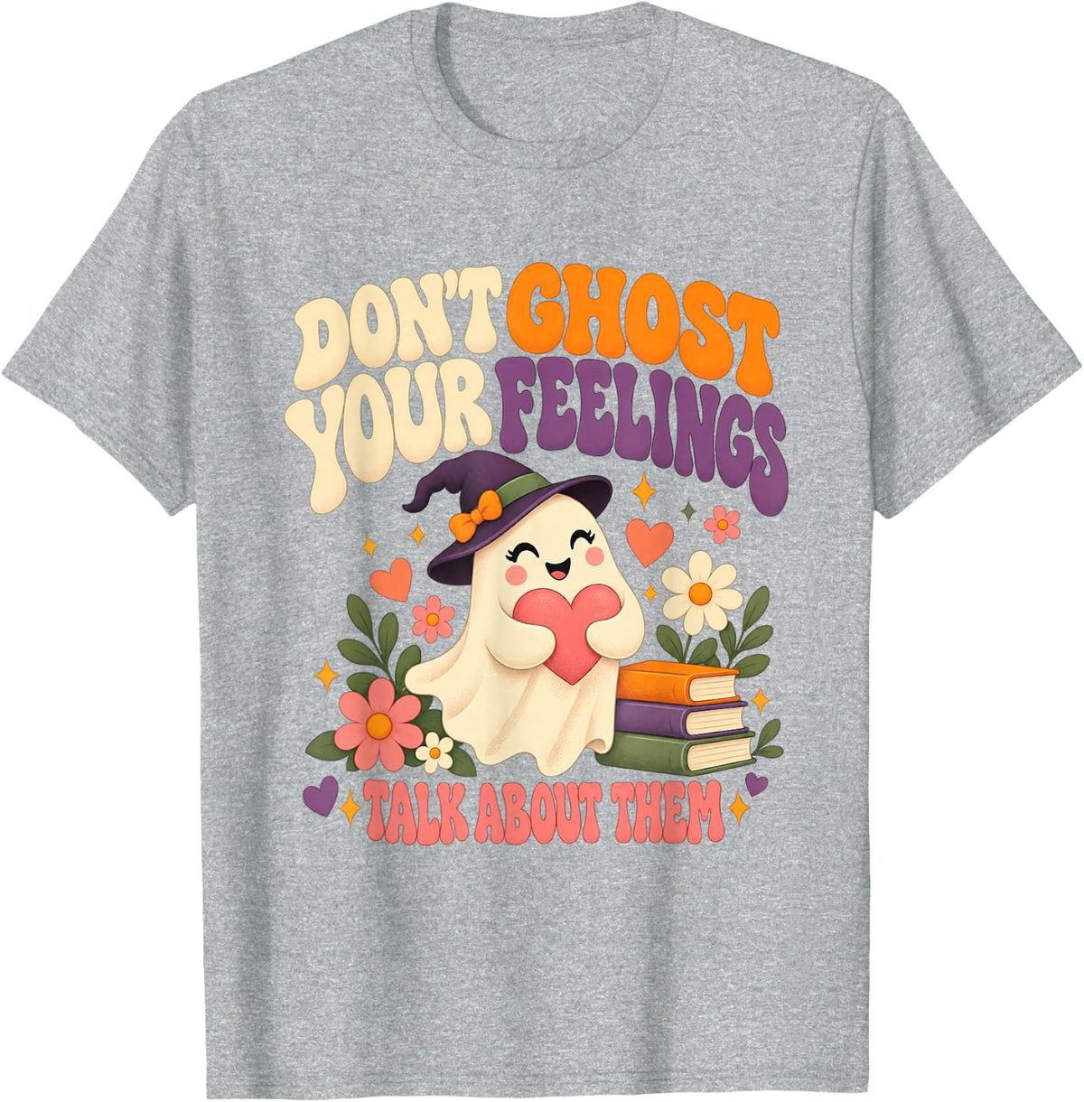 School Counselor Witch Ghost Heart Books Friendly T-Shirt - Heather Grey