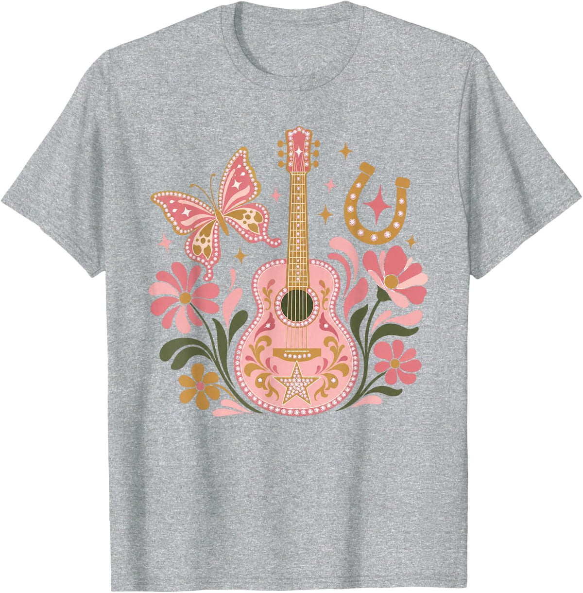 Cowgirl Hat Rhinestone Western Guitar Glam Butterfly Rodeo T-Shirt - Heather Grey