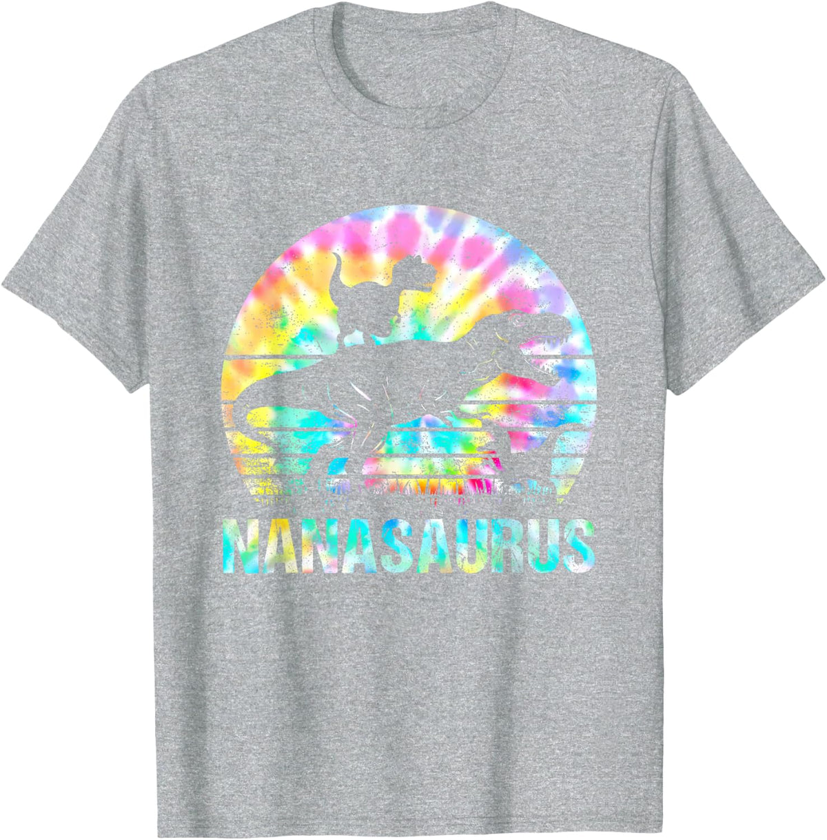 Nanasaurus T Rex Dinosaur Mom Saurus Tie Dye Vintage 70s T-Shirt - Heather Grey