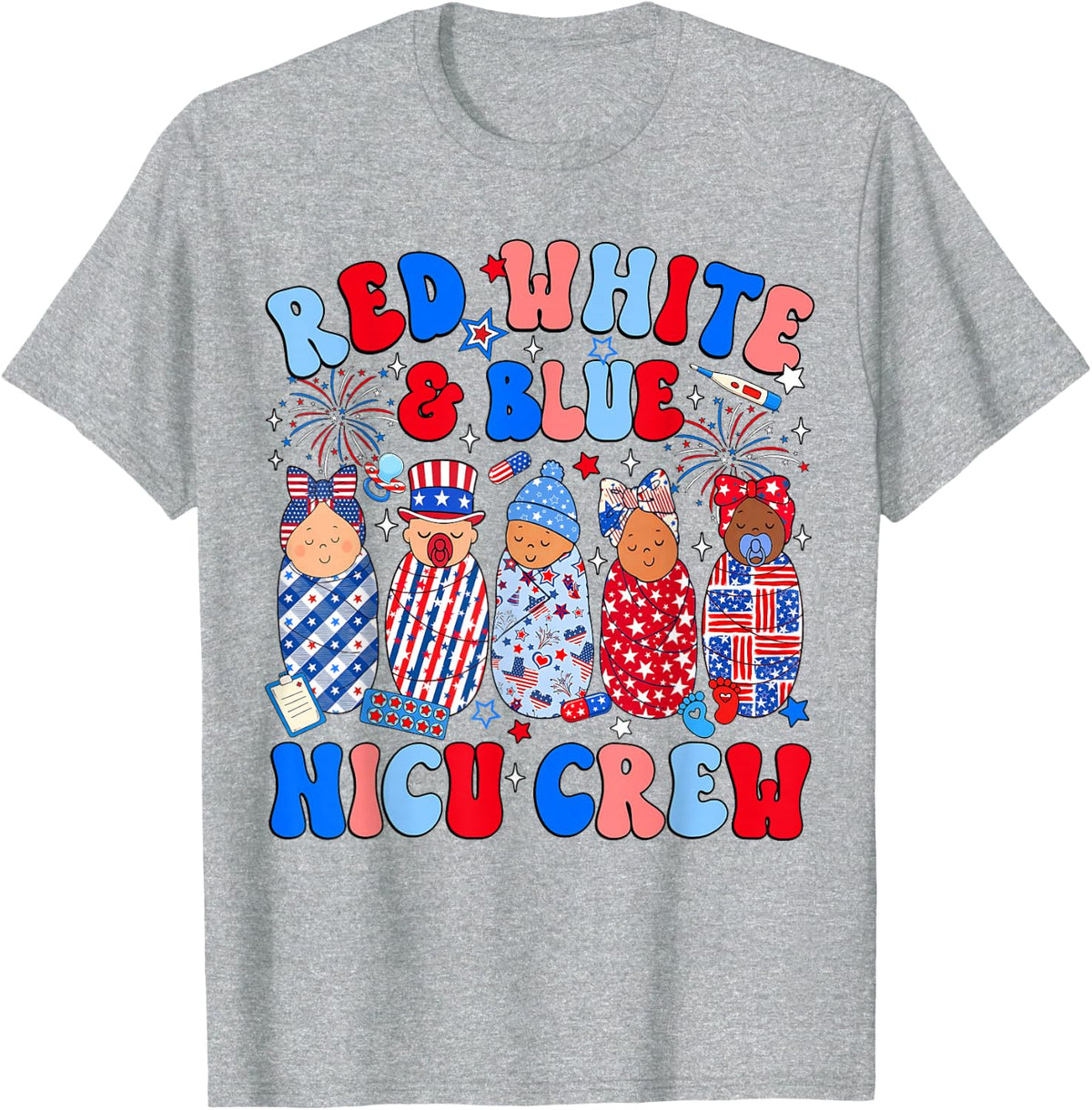 Retro Red White and Blue Nicu Crew America 4th of July Nurse T-Shirt - Heather Grey