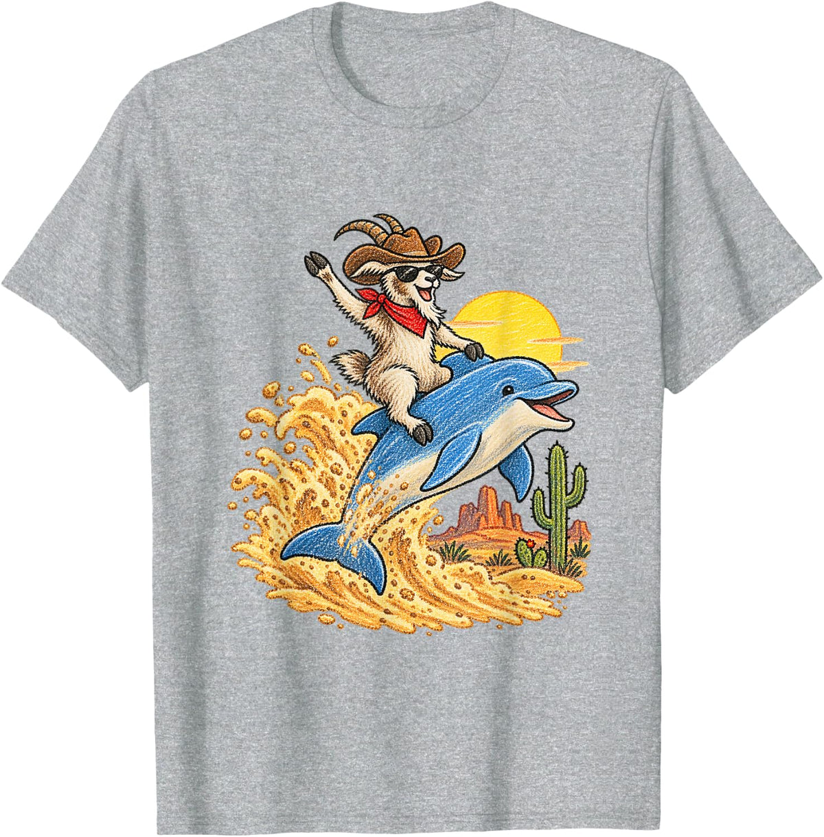 Goat Riding Dolphin Funny Animal Meme T-Shirt - Heather Grey