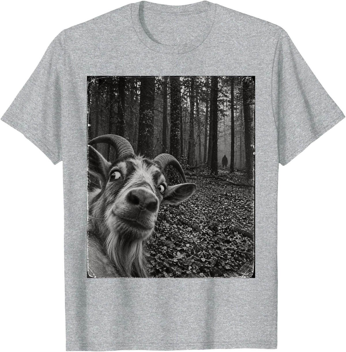 Funny Bigfoot Running After Goat Selfie Animal T-Shirt - Heather Grey
