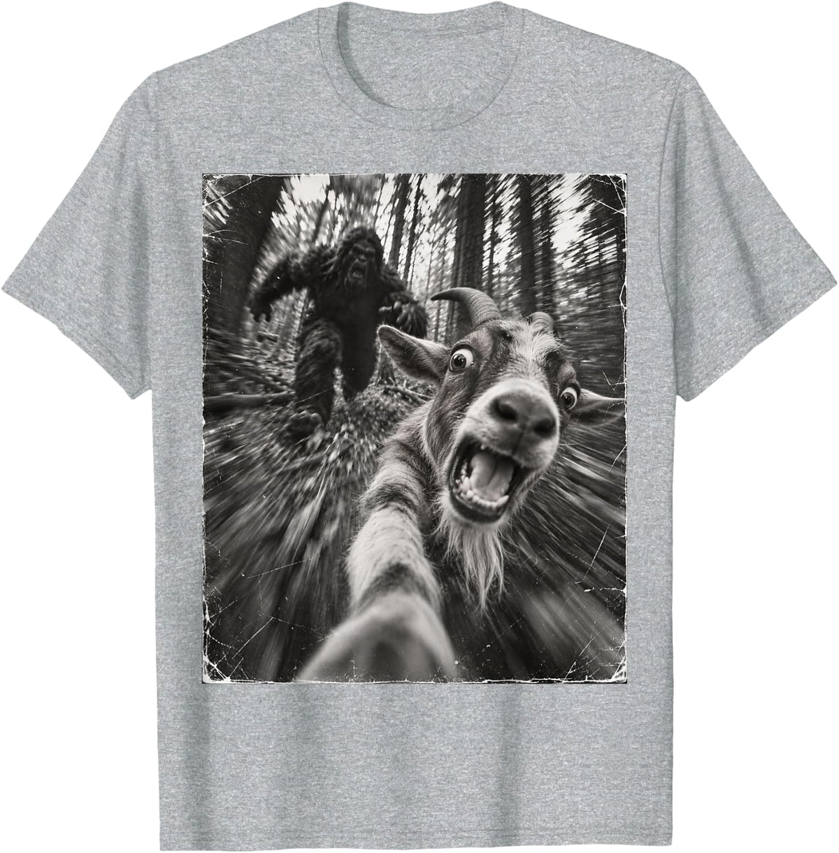 Vintage Bigfoot Running After Goat Selfie Animal T-Shirt - Heather Grey