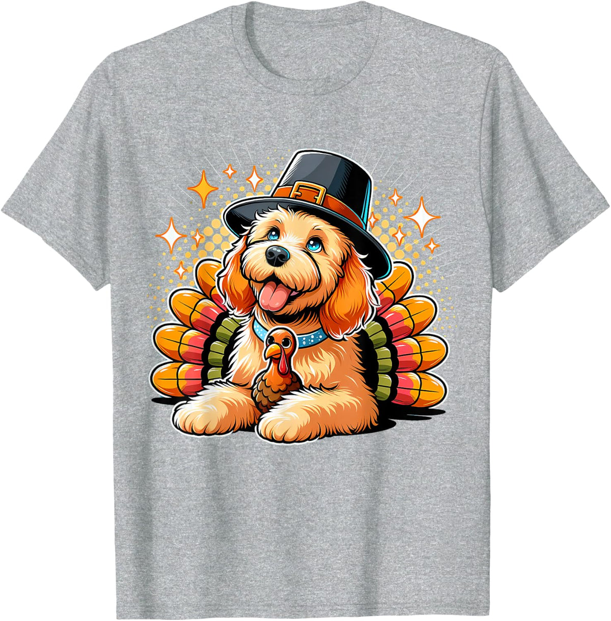Humor Thanksgiving Turkey Goldendoodle Dog Men Women Kids T-Shirt - Heather Grey