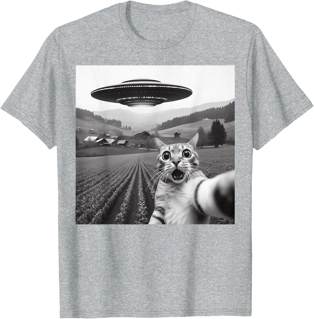 Cat Selfie with Alien UFO Funny Cat Gifts for Men Women Kid T-Shirt - Heather Grey