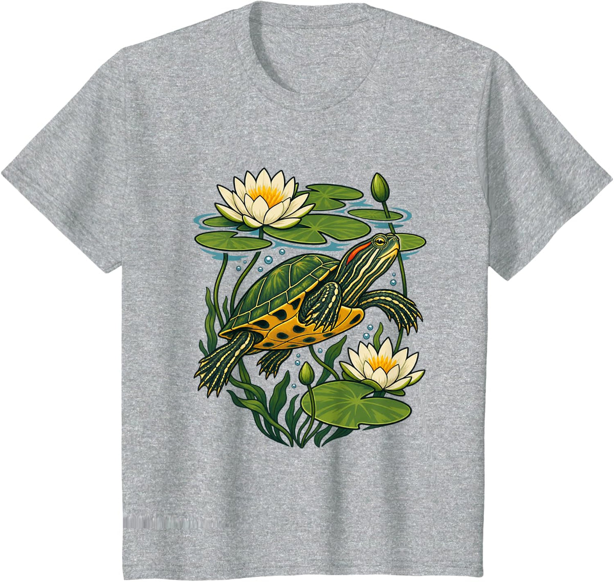 Freshwater Turtle Water Lily Wildlife Lover Design T-Shirt - Heather Grey